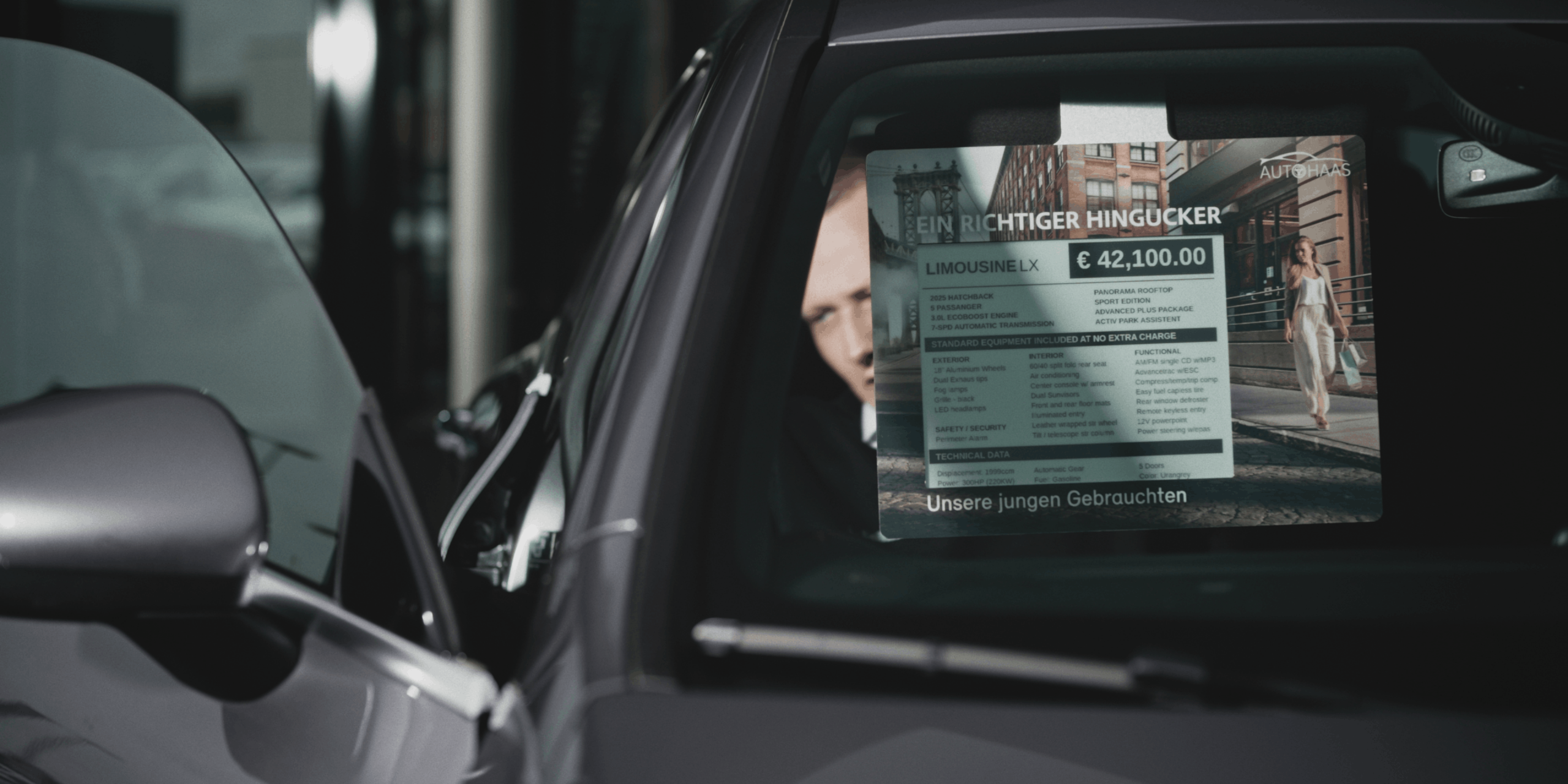 Digital vehicle pricing displayed on a sepioo® Cellular display inside a vehicle windshield.