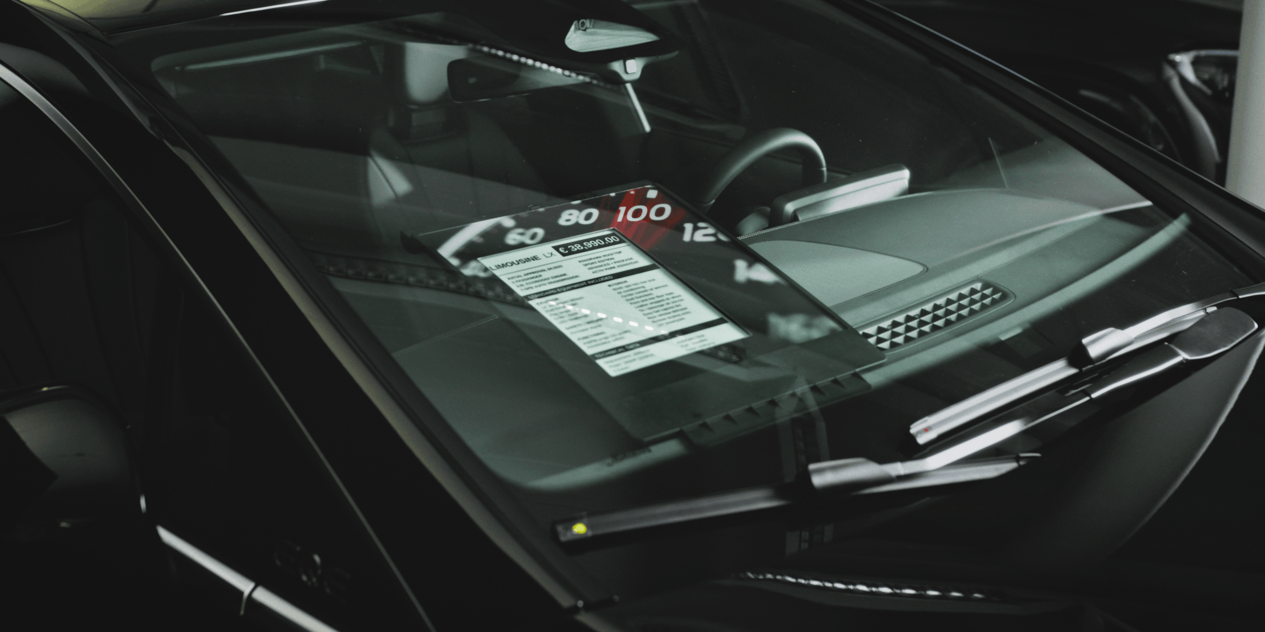 Installed sepioo® Cellular display showing vehicle pricing and specifications inside a car.